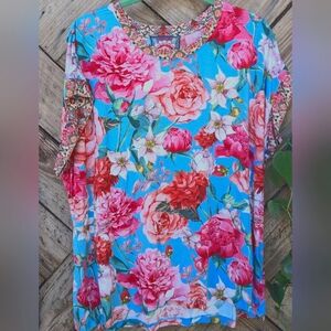 EUC Johnny Was Pink Rose Relaxed Tee in XL